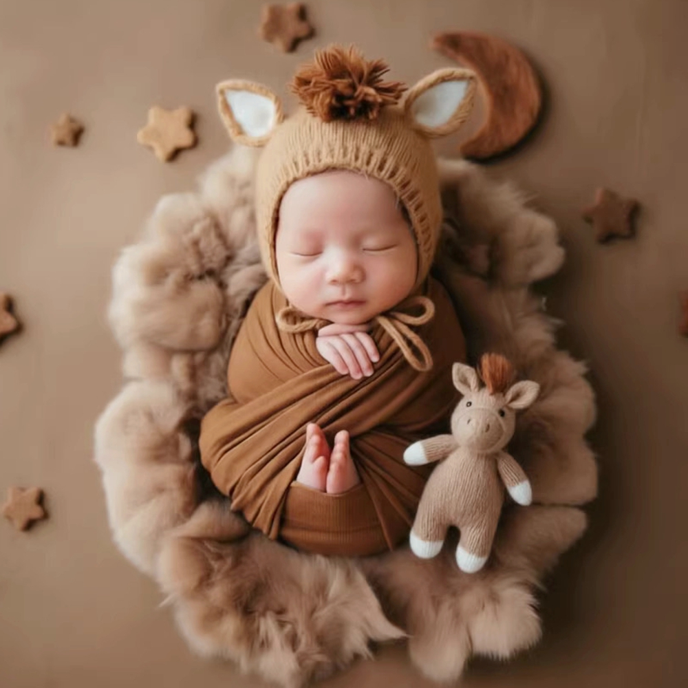 Photo Booth Prop - Gebreide paardenmuts met pop, pasgeboren fotografie
